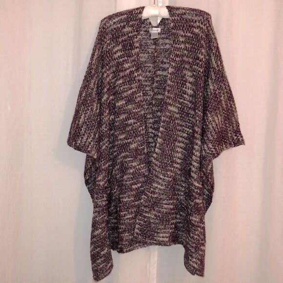 Avenue 1X-3X Knit Poncho Sweater with Patch Pockets in Purple Green Ivory - Picture 1 of 11